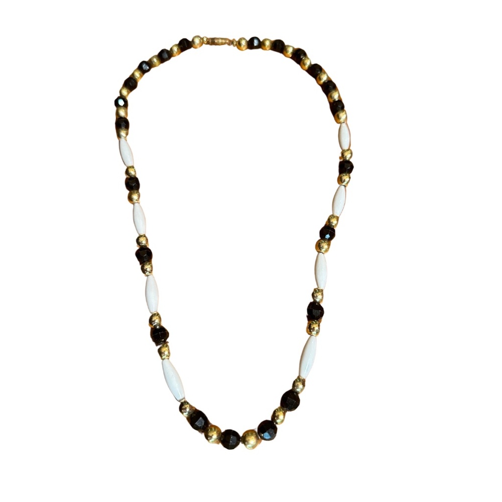 Beaded Necklace -- Black, White & Gold
